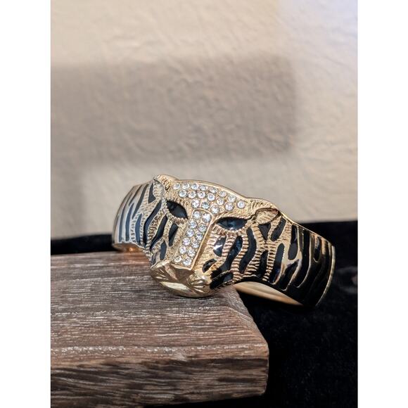 Gold Tone Cheetah Rhinestone Black Enamel Clamper Style Bangle Bracelet - Picture 5 of 5
